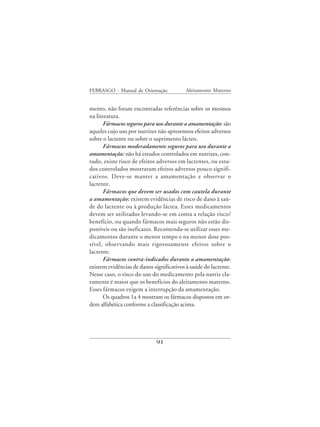 FEBRASGO - Manual de Orientação            Aleitamento Materno


mento, não foram encontradas referências sobre os mesmos
na literatura.
      Fármacos seguros para uso durante a amamentação: são
aqueles cujo uso por nutrizes não apresentou efeitos adversos
sobre o lactente ou sobre o suprimento lácteo.
      Fármacos moderadamente seguros para uso durante a
amamentação: não há estudos controlados em nutrizes, con-
tudo, existe risco de efeitos adversos em lactentes, ou estu-
dos controlados mostraram efeitos adversos pouco signifi-
cativos. Deve-se manter a amamentação e observar o
lactente.
      Fármacos que devem ser usados com cautela durante
a amamentação: existem evidências de risco de dano à saú-
de do lactente ou à produção láctea. Esses medicamentos
devem ser utilizados levando-se em conta a relação risco/
benefício, ou quando fármacos mais seguros não estão dis-
poníveis ou são ineficazes. Recomenda-se utilizar esses me-
dicamentos durante o menor tempo e na menor dose pos-
sível, observando mais rigorosamente efeitos sobre o
lactente.
      Fármacos contra-indicados durante a amamentação:
existem evidências de danos significativos à saúde do lactente.
Nesse caso, o risco do uso do medicamento pela nutriz cla-
ramente é maior que os benefícios do aleitamento materno.
Esses fármacos exigem a interrupção da amamentação.
      Os quadros 1a 4 mostram os fármacos dispostos em or-
dem alfabética conforme a classificação acima.




                             91
 
