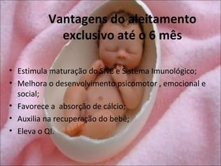 Vantagens do aleitamento
            exclusivo até o 6 mês

• Estimula maturação do SNC e Sistema Imunológico;
• Melhora o desenvolvimento psicomotor , emocional e
  social;
• Favorece a absorção de cálcio;
• Auxilia na recuperação do bebê;
• Eleva o QI.
 