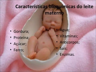 Características bioquímicas do leite
                   materno


•   Gordura;           •   Água;
•   Proteína;          •   Vitaminas;
•   Açúcar;            •   Anticorpos;
•   Ferro;             •   Sais;
                       •   Enzimas.
 