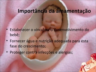 Importância da amamentação


• Estabelecer o vínculo e o desenvolvimento do
  bebê;
• Fornecer água e nutrição adequada para esta
  fase do crescimento;
• Proteger contra infecções e alergias;
 