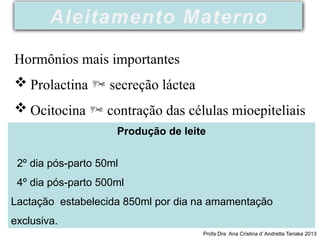Produção de leite
2º dia pós-parto 50ml
4º dia pós-parto 500ml
Lactação estabelecida 850ml por dia na amamentação
exclusiva.
Hormônios mais importantes
 Prolactina  secreção láctea
 Ocitocina  contração das células mioepiteliais
Aleitamento Materno
Profa Dra Ana Cristina d’ Andretta Tanaka 2013
 
