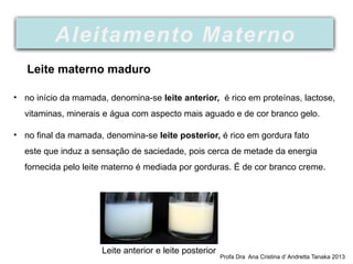 Leite anterior e leite posterior
• no início da mamada, denomina-se leite anterior, é rico em proteínas, lactose,
vitaminas, minerais e água com aspecto mais aguado e de cor branco gelo.
• no final da mamada, denomina-se leite posterior, é rico em gordura fato
este que induz a sensação de saciedade, pois cerca de metade da energia
fornecida pelo leite materno é mediada por gorduras. É de cor branco creme.
Aleitamento Materno
Leite materno maduro
Profa Dra Ana Cristina d’ Andretta Tanaka 2013
 