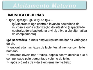• IgAs, IgM,IgE,IgD e IgD e IgG –
IgA secretora age contra a invasão bacteriana da
mucosa e ou/ a colonização do intestino (capacidade
neutralizadora bacteriana e viral; ativa a via alternativa
de complemento)
Aleitamento Materno
IMUNOGLOBULINAS
IgA secretória é mais estável,resiste melhor as variações
do ph,
 encontrada nas fezes de lactentes alimentos com leite
humano,
 maiores níveis nos 1os
dias, depois ocorre declínio que é
compensado pelo aumentado volume de leite,
 após o 6 mês de vida é extremamente baixo
 