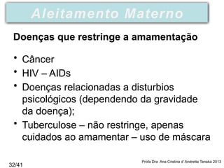 Doenças que restringe a amamentação
• Câncer
• HIV – AIDs
• Doenças relacionadas a disturbios
psicológicos (dependendo da gravidade
da doença);
• Tuberculose – não restringe, apenas
cuidados ao amamentar – uso de máscara
Profa Dra Ana Cristina d’ Andretta Tanaka 2013
Aleitamento Materno
32/41
 
