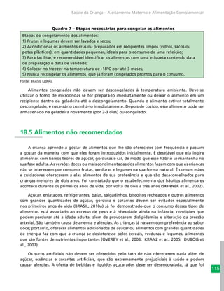 115
Saúde da Criança – Aleitamento Materno e Alimentação Complementar
Quadro 7 – Etapas necessárias para congelar os alimentos
Etapas do congelamento dos alimentos:
1) Frutas e legumes devem ser lavados e secos;
2) Acondicionar os alimentos crus ou preparados em recipientes limpos (vidros, sacos ou
potes plásticos), em quantidades pequenas, ideais para o consumo de uma refeição;
3) Para facilitar, é recomendável identificar os alimentos com uma etiqueta contendo data
de preparação e data de validade;
4) Colocar no freezer na temperatura de -18ºC por até 3 meses;
5) Nunca recongelar os alimentos que já foram congelados prontos para o consumo.
Fonte: BRASIL (2004).
Alimentos congelados não devem ser descongelados à temperatura ambiente. Deve-se
utilizar o forno de microondas se for prepará-lo imediatamente ou deixar o alimento em um
recipiente dentro da geladeira até o descongelamento. Quando o alimento estiver totalmente
descongelado, é necessário cozinhá-lo imediatamente. Depois de cozido, esse alimento pode ser
armazenado na geladeira novamente (por 2-3 dias) ou congelado.
18.5 Alimentos não recomendados
A criança aprende a gostar de alimentos que lhe são oferecidos com frequência e passam
a gostar da maneira com que eles foram introduzidos inicialmente. É desejável que ela ingira
alimentos com baixos teores de açúcar, gorduras e sal, de modo que esse hábito se mantenha na
sua fase adulta. As versões doces ou mais condimentadas dos alimentos fazem com que as crianças
não se interessem por consumir frutas, verduras e legumes na sua forma natural. É comum mães
e cuidadores oferecerem a elas alimentos de sua preferência e que são desaconselhados para
crianças menores de dois anos. Foi constatado que o estabelecimento dos hábitos alimentares
acontece durante os primeiros anos de vida, por volta de dois a três anos (SKINNER et al., 2002).
Açúcar, enlatados, refrigerantes, balas, salgadinhos, biscoitos recheados e outros alimentos
com grandes quantidades de açúcar, gordura e corantes devem ser evitados especialmente
nos primeiros anos de vida (BRASIL, 2010a) Já foi demonstrado que o consumo desses tipos de
alimentos está associado ao excesso de peso e à obesidade ainda na infância, condições que
podem perdurar até a idade adulta, além de provocarem dislipidemias e alteração da pressão
arterial. São também causa de anemia e alergias. As crianças já nascem com preferência ao sabor
doce; portanto, oferecer alimentos adicionados de açúcar ou alimentos com grandes quantidades
de energia faz com que a criança se desinteresse pelos cereais, verduras e legumes, alimentos
que são fontes de nutrientes importantes (OVERBY et al., 2003; KRANZ et al., 2005; DUBOIS et
al., 2007).
Os sucos artificiais não devem ser oferecidos pelo fato de não oferecerem nada além de
açúcar, essências e corantes artificiais, que são extremamente prejudiciais à saúde e podem
causar alergias. A oferta de bebidas e líquidos açucarados deve ser desencorajada, já que foi
 