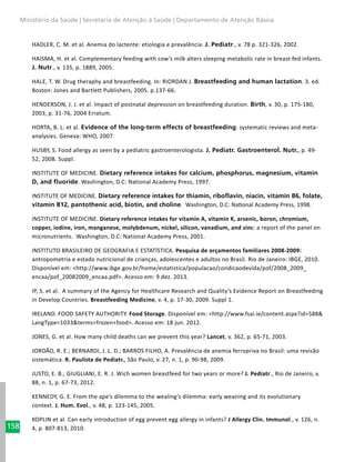 158
Ministério da Saúde | Secretaria de Atenção à Saúde | Departamento de Atenção Básica
HADLER, C. M. et al. Anemia do lactente: etiologia e prevalência. J. Pediatr., v. 78 p. 321-326, 2002.
HAISMA, H. et al. Complementary feeding with cow’s milk alters sleeping metabolic rate in breast-fed infants.
J. Nutr., v. 135, p. 1889, 2005.
HALE, T. W. Drug theraphy and breastfeeding. In: RIORDAN J. Breastfeeding and human lactation. 3. ed.
Boston: Jones and Bartlett Publishers, 2005. p.137-66.
HENDERSON, J. J. et al. Impact of postnatal depression on breastfeeding duration. Birth, v. 30, p. 175-180,
2003, p. 31-76, 2004 Erratum.
HORTA, B. L. et al. Evidence of the long-term effects of breastfeeding: systematic reviews and meta-
analysies. Geneva: WHO, 2007.
HUSBY, S. Food allergy as seen by a pediatric gastroenterologista. J. Pediatr. Gastroenterol. Nutr., p. 49-
52, 2008. Suppl.
INSTITUTE OF MEDICINE. Dietary reference intakes for calcium, phosphorus, magnesium, vitamin
D, and fluoride. Washington, D.C: National Academy Press, 1997.
INSTITUTE OF MEDICINE. Dietary reference intakes for thiamin, riboflavin, niacin, vitamin B6, folate,
vitamin B12, pantothenic acid, biotin, and choline. Washington, D.C: National Academy Press, 1998.
INSTITUTE OF MEDICINE. Dietary reference intakes for vitamin A, vitamin K, arsenic, boron, chromium,
copper, iodine, iron, manganese, molybdenum, nickel, silicon, vanadium, and zinc: a report of the panel on
micronutrients. Washington, D.C: National Academy Press, 2001.
INSTITUTO BRASILEIRO DE GEOGRAFIA E ESTATÍSTICA. Pesquisa de orçamentos familiares 2008-2009:
antropometria e estado nutricional de crianças, adolescentes e adultos no Brasil. Rio de Janeiro: IBGE, 2010.
Disponível em: <http://www.ibge.gov.br/home/estatistica/populacao/condicaodevida/pof/2008_2009_
encaa/pof_20082009_encaa.pdf>. Acesso em: 9 dez. 2013.
IP, S. et al. A summary of the Agency for Healthcare Research and Quality’s Evidence Report on Breastfeeding
in Develop Countries. Breastfeeding Medicine, v. 4, p. 17-30, 2009. Suppl 1.
IRELAND. FOOD SAFETY AUTHORITY. Food Storage. Disponível em: <http://www.fsai.ie/content.aspx?id=588&
LangType=1033&terms=frozen+food>. Acesso em: 18 jun. 2012.
JONES, G. et al. How many child deaths can we prevent this year? Lancet, v. 362, p. 65-71, 2003.
JORDÃO, R. E.; BERNARDI, J. L. D.; BARROS FILHO, A. Prevalência de anemia ferropriva no Brasil: uma revisão
sistemática. R. Paulista de Pediatr., São Paulo, v. 27, n. 1, p. 90-98, 2009.
JUSTO, E. B.; GIUGLIANI, E. R. J. Wich women breastfeed for two years or more? J. Pediatr., Rio de Janeiro, v.
88, n. 1, p. 67-73, 2012.
KENNEDY, G. E. From the ape’s dilemma to the wealing’s dilemma: early weaning and its evolutionary
context. J. Hum. Evol., v. 48, p. 123-145, 2005.
KOPLIN et al. Can early introduction of egg prevent egg allergy in infants? J Allergy Clin. Immunol., v. 126, n.
4, p. 807-813, 2010.
 