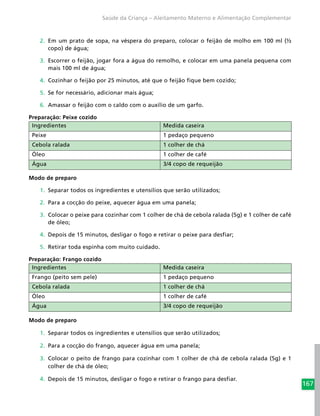 167
Saúde da Criança – Aleitamento Materno e Alimentação Complementar
2.	 Em um prato de sopa, na véspera do preparo, colocar o feijão de molho em 100 ml (½
copo) de água;
3.	 Escorrer o feijão, jogar fora a água do remolho, e colocar em uma panela pequena com
mais 100 ml de água;
4.	 Cozinhar o feijão por 25 minutos, até que o feijão fique bem cozido;
5.	 Se for necessário, adicionar mais água;
6.	 Amassar o feijão com o caldo com o auxílio de um garfo.
Preparação: Peixe cozido
Ingredientes Medida caseira
Peixe 1 pedaço pequeno
Cebola ralada 1 colher de chá
Óleo 1 colher de café
Água 3/4 copo de requeijão
Modo de preparo
1.	 Separar todos os ingredientes e utensílios que serão utilizados;
2.	 Para a cocção do peixe, aquecer água em uma panela;
3.	 Colocar o peixe para cozinhar com 1 colher de chá de cebola ralada (5g) e 1 colher de café
de óleo;
4.	 Depois de 15 minutos, desligar o fogo e retirar o peixe para desfiar;
5.	 Retirar toda espinha com muito cuidado.
Preparação: Frango cozido
Ingredientes Medida caseira
Frango (peito sem pele) 1 pedaço pequeno
Cebola ralada 1 colher de chá
Óleo 1 colher de café
Água 3/4 copo de requeijão
Modo de preparo
1.	 Separar todos os ingredientes e utensílios que serão utilizados;
2.	 Para a cocção do frango, aquecer água em uma panela;
3.	 Colocar o peito de frango para cozinhar com 1 colher de chá de cebola ralada (5g) e 1
colher de chá de óleo;
4.	 Depois de 15 minutos, desligar o fogo e retirar o frango para desfiar.
 