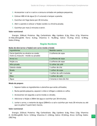 171
Saúde da Criança – Aleitamento Materno e Alimentação Complementar
3.	 Acrescentar o sal e o cará e a cenoura cortados em pedaços pequenos;
4.	 Colocar 400 ml de água (2 e ½ xícaras) e tampar a panela;
5.	 Cozinhar em fogo baixo por 20 minutos;
6.	 Abrir a panela e colocar o feijão cozido e a chicória picada;
7.	 Cozinhar por mais 2 minutos e servir.
Valor nutricional:
Energia: 324kcal; Proteína: 18g; Carboidrato: 48g; Lipídeos: 6,3g; Fibra: 4,7g; Vitamina
A:1432,24mcgEAR; Ferro: 4,3mg; Vitamina C: 16,28mg; Cálcio: 73,3mg; Zinco: 4,18mg;
Sódio:316mg.
Região Nordeste
Baião de dois (arroz e feijão) com carne moída e bredo
Ingredientes Medida caseira
Carne (patinho ou alcatra ou coxão
mole ou músculo - moído ou picado)
3 colheres de sopa
Arroz cru 2 colheres de sopa
Feijão cru 2 colheres de sopa
Alho picado ½ colher de café
Cebola ralada 1 colher de chá
Bredo 1 colher de sopa
Sal 1 colher de café nivelada
Óleo 1 colher de café
Água 2 xícaras e meia de chá
Modo de preparo
1.	 Separar todos os ingredientes e utensílios que serão utilizados;
2.	 Numa panela pequena, aquecer o óleo e refogar a cebola e o alho;
3.	 Acrescentar em seguida a carne moída e o bredo;
4.	 Adicionar o feijão e 200ml de água e cozinhar por 20 minutos;
5.	 Juntar o arroz, o restante da água (200ml) e o sal e cozinhar por mais 20 minutos ou até
que os grãos fi quem bem macios.
Valor nutricional:
Energia: 252kcal; Proteína: 19g; Carboidrato: 30g; Lipídeos: 6,4g; Fibra: 2,9g; Vitamina
A: 33,59mcgEAR; Ferro: 3,54mg; Vitamina C: 2,92mg; Cálcio: 47,63mg; Zinco: 4,27mg; Sódio:
238,7mg.
 