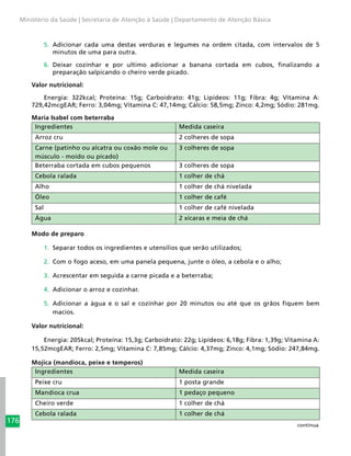 176
Ministério da Saúde | Secretaria de Atenção à Saúde | Departamento de Atenção Básica
5.	 Adicionar cada uma destas verduras e legumes na ordem citada, com intervalos de 5
minutos de uma para outra.
6.	 Deixar cozinhar e por ultimo adicionar a banana cortada em cubos, finalizando a
preparação salpicando o cheiro verde picado.
Valor nutricional:
Energia: 322kcal; Proteína: 15g; Carboidrato: 41g; Lipídeos: 11g; Fibra: 4g; Vitamina A:
729,42mcgEAR; Ferro: 3,04mg; Vitamina C: 47,14mg; Cálcio: 58,5mg; Zinco: 4,2mg; Sódio: 281mg.
Maria Isabel com beterraba
Ingredientes Medida caseira
Arroz cru 2 colheres de sopa
Carne (patinho ou alcatra ou coxão mole ou
músculo - moído ou picado)
3 colheres de sopa
Beterraba cortada em cubos pequenos 3 colheres de sopa
Cebola ralada 1 colher de chá
Alho 1 colher de chá nivelada
Óleo 1 colher de café
Sal 1 colher de café nivelada
Água 2 xícaras e meia de chá
Modo de preparo
1.	 Separar todos os ingredientes e utensílios que serão utilizados;
2.	 Com o fogo aceso, em uma panela pequena, junte o óleo, a cebola e o alho;
3.	 Acrescentar em seguida a carne picada e a beterraba;
4.	 Adicionar o arroz e cozinhar.
5.	 Adicionar a água e o sal e cozinhar por 20 minutos ou até que os grãos fiquem bem
macios.
Valor nutricional:
Energia: 205kcal; Proteína: 15,3g; Carboidrato: 22g; Lipídeos: 6,18g; Fibra: 1,39g; Vitamina A:
15,52mcgEAR; Ferro: 2,5mg; Vitamina C: 7,85mg; Cálcio: 4,37mg; Zinco: 4,1mg; Sódio: 247,84mg.
Mojica (mandioca, peixe e temperos)
Ingredientes Medida caseira
Peixe cru 1 posta grande
Mandioca crua 1 pedaço pequeno
Cheiro verde 1 colher de chá
Cebola ralada 1 colher de chá
continua
 