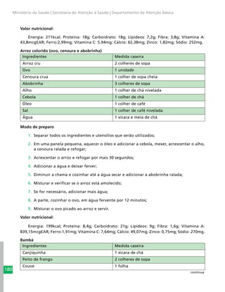 180
Ministério da Saúde | Secretaria de Atenção à Saúde | Departamento de Atenção Básica
Valor nutricional:
Energia: 211kcal; Proteína: 18g; Carboidrato: 18g; Lipídeos: 7,2g; Fibra: 3,8g; Vitamina A:
43,8mcgEAR; Ferro:2,99mg; Vitamina C: 5,94mg; Cálcio: 62,38mg; Zinco: 1,82mg; Sódio: 252mg.
Arroz colorido (ovo, cenoura e abobrinha)
Ingredientes Medida caseira
Arroz cru 2 colheres de sopa
Ovo 1 unidade
Cenoura crua 1 colher de sopa cheia
Abobrinha 3 colheres de sopa
Alho 1 colher de chá nivelada
Cebola 1 colher de chá
Óleo 1 colher de café
Sal 1 colher de café nivelada
Água 1 xícara e meia de chá
Modo de preparo
1.	 Separar todos os ingredientes e utensílios que serão utilizados;
2.	 Em uma panela pequena, aquecer o óleo e adicionar a cebola, mexer, acrescentar o alho,
a cenoura ralada e refogar;
3.	 Acrescentar o arroz e refogar por mais 30 segundos;
4.	 Adicionar a água e deixar ferver;
5.	 Diminuir a chama e cozinhar até a água secar e adicionar a abobrinha ralada;
6.	 Misturar e verificar se o arroz está amolecido;
7.	 Se for necessário, adicionar mais água;
8.	 A parte, cozinhar o ovo, em água fervente por 12 minutos;
9.	 Misturar o ovo picado ao arroz e servir.
Valor nutricional:
Energia: 199kcal; Proteína: 8,4g; Carboidrato: 21g; Lipídeos: 9g; Fibra: 1,6g; Vitamina A:
839,15mcgEAR; Ferro:1,91mg; Vitamina C: 7,64mg; Cálcio: 49,07mg; Zinco: 0,75mg; Sódio: 270mg.
Bambá
Ingredientes Medida caseira
Canjiquinha 1 xícara de chá
Peito de frango 2 colheres de sopa
Couve 1 folha
continua
 