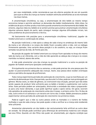 72
Ministério da Saúde | Secretaria de Atenção à Saúde | Departamento de Atenção Básica
por essa modalidade, então recomenda-se que ela alterne posições de vez em quando
para que os olhos da criança ao mamar recebam estímulos semelhantes ao se ela mamasse
nas duas mamas.
A amamentação simultânea, ou seja, a amamentação de dois bebês ao mesmo tempo
economiza tempo e permite satisfazer as demandas dos bebês imediatamente. Além disso, há
evidências de que a mulher produz mais leite quando amamenta simultaneamente dois bebês. No
entanto, algumas mães (ou bebês) só se sentem prontas para praticar amamentação simultânea
algumas semanas depois do parto, após conseguir manejar algumas dificuldades iniciais, tais
como problemas de posicionamento e técnica.
Há basicamente três posições para a amamentação simultânea: tradicional, jogador de
futebol americano e combinação de ambas.
Na posição tradicional, a mãe apoia a cabeça de cada criança no antebraço do mesmo lado
da mama a ser oferecida e os corpos dos bebês ficam curvados sobre a mãe, com as nádegas
firmemente apoiadas. Uma variante dessa posição é a do cavaleiro, ou seja, as crianças ficam
sentadas nas pernas da mãe, de frente para ela.
Na posição de jogador de futebol americano as crianças ficam apoiadas no braço do mesmo
lado da mama a ser oferecida, com a mão da mãe apoiando as cabeças das crianças e os corpos
mantidos na lateral, abaixo das axilas.
A mãe pode amamentar uma das crianças na posição tradicional e a outra na posição de
jogador de futebol americano (posições combinadas).
Principalmente nos primeiros dias ou semanas, a mãe pode precisar de uma pessoa para lhe
ajudar no posicionamento adequado das crianças. Assim, essa pessoa deve receber orientação
prévia e periódica da equipe de profissionais.
Toda criança experimenta períodos de aceleração do crescimento, o que se manifesta por um
aumento da demanda por leite. Esse período, que dura de 2 a 3 dias, pode ser mais prolongado em
gêmeos. Muitas vezes, as mães de gêmeos, ao vivenciarem essa situação, pensam que não estão
sendo capazes de produzir leite suficiente para os bebês e tendem a suplementar com outros
leites. Esses períodos podem ser antecipados, diminuindo a ansiedade das mães e preparando-
as para uma maior demanda, o que pode significar ajuda e apoio extras. Em geral, ocorrem
três episódios de aceleração do crescimento antes dos 4 meses: o primeiro entre 10 e 14 dias de
vida, outro entre 4 e 6 semanas e um terceiro em torno dos 3 meses. Bebês prematuros podem
experimentar vários períodos de aceleração do crescimento nos primeiros meses.
Pode-se sugerir que a mãe ou outra pessoa anote as mamadas e o número de fraldas
molhadas e sujas de cada criança. Isso pode ajudar a mãe a verificar se a criança está recebendo
leite suficiente.
Amamentar plenamente um dos bebês e dar exclusivamente leite artificial ao outro deve
ser evitado. Tal atitude pode contribuir para diferenças de sentimentos maternos com relação
aos seus filhos. Quando um dos filhos não puder ser amamentado, por alguma condição que
 