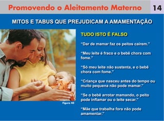 Promovendo o Aleitamento Materno                                   14
MITOS E TABUS QUE PREJUDICAM A AMAMENTAÇÃO

                           TUDO ISTO É FALSO

                           “Dar de mamar faz os peitos caírem.”

                           “Meu leite é fraco e o bebê chora com
                           fome.”

                           “Só meu leite não sustenta, e o bebê
                           chora com fome.”

                           “Criança que nasceu antes do tempo ou
                           muito pequena não pode mamar.”

                           “Se o bebê arrotar mamando, o peito
                           pode inﬂamar ou o leite secar.”
               Figura 40

                           “Mãe que trabalha fora não pode
                           amamentar.”
 