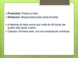 .

 Prolactina:Produz o leite.
 Ocitocina: Responsável pela saída do leite.


 A descida  do leite ocorre por volta de 48 horas ate
  quatro dias após o parto.
 Colostro: Primeiro leite, rico em substancias nutritivas.
 