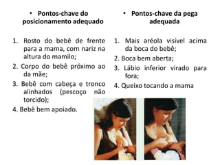 • Pontos-chave do
posicionamento adequado
1. Rosto do bebê de frente
para a mama, com nariz na
altura do mamilo;
2. Corpo do bebê próximo ao
da mãe;
3. Bebê com cabeça e tronco
alinhados (pescoço não
torcido);
4. Bebê bem apoiado.
• Pontos-chave da pega
adequada
1. Mais aréola visível acima
da boca do bebê;
2. Boca bem aberta;
3. Lábio inferior virado para
fora;
4. Queixo tocando a mama
 