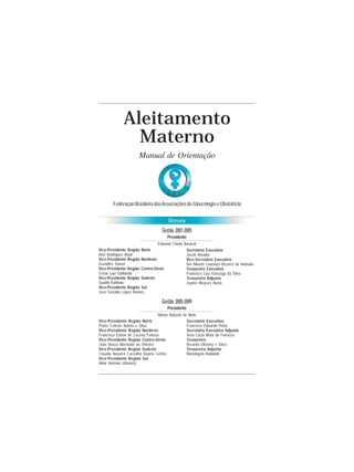 FEBRASGO - Manual de Orientação                               Aleitamento Materno


             Aleitamento
               Materno
                      Manual de Orientação




        Federação Brasileira das Associações de Ginecologia e Obstetrícia


                                      Diretoria
                                   Gestão 2001-2005
                                      Presidente
                                Edmund Chada Baracat
Vice-Presidente Região Norte                       Secretário Executivo
Ione Rodrigues Brum                                Jacob Arkader
Vice-Presidente Região Nordeste                    Vice-Secretário Executivo
Geraldez Tomaz                                     Ivis Alberto Lourenço Bezerra de Andrade
Vice-Presidente Região Centro-Oeste                Tesoureiro Executivo
César Luiz Galhardo                                Francisco Luiz Gonzaga da Silva
Vice-Presidente Região Sudeste                     Tesoureiro Adjunto
Soubhi Kahhale                                     Jayme Moyses Burlá
Vice-Presidente Região Sul
José Geraldo Lopes Ramos

                                   Gestão 2005-2009
                                      Presidente
                                 Nilson Roberto de Melo
Vice-Presidente Região Norte                      Secretário Executivo
Pedro Celeste Noleto e Silva                      Francisco Eduardo Prota
Vice-Presidente Região Nordeste                   Secretária Executiva Adjunta
Francisco Edson de Lucena Feitosa                 Vera Lúcia Mota da Fonseca
Vice-Presidente Região Centro-Oeste               Tesoureiro
João Bosco Machado da Silveira                    Ricardo Oliveira e Silva
Vice-Presidente Região Sudeste                    Tesoureira Adjunta
Claudia Navarro Carvalho Duarte Lemos             Mariângela Badalotti
Vice-Presidente Região Sul
Almir Antonio Urbanetz


                                          1
 