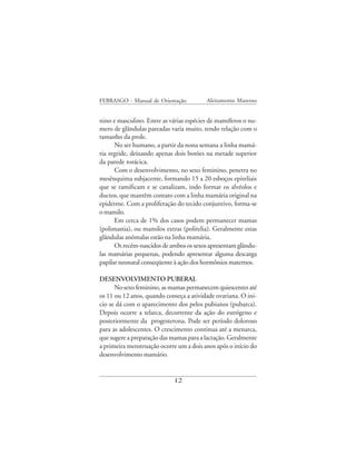 FEBRASGO - Manual de Orientação          Aleitamento Materno


nino e masculino. Entre as várias espécies de mamíferos o nu-
mero de glândulas pareadas varia muito, tendo relação com o
tamanho da prole.
      No ser humano, a partir da nona semana a linha mamá-
ria regride, deixando apenas dois botões na metade superior
da parede torácica.
      Com o desenvolvimento, no sexo feminino, penetra no
mesênquima subjacente, formando 15 a 20 esboços epiteliais
que se ramificam e se canalizam, indo formar os alvéolos e
ductos, que mantêm contato com a linha mamária original na
epiderme. Com a proliferação do tecido conjuntivo, forma-se
o mamilo.
      Em cerca de 1% dos casos podem permanecer mamas
(polimastia), ou mamilos extras (politelia). Geralmente estas
glândulas anômalas estão na linha mamária.
      Os recém-nascidos de ambos os sexos apresentam glându-
las mamárias pequenas, podendo apresentar alguma descarga
papilar neonatal conseqüente à ação dos hormônios maternos.

DESENVOLVIMENTO PUBERAL
      No sexo feminino, as mamas permanecem quiescentes até
os 11 ou 12 anos, quando começa a atividade ovariana. O ini-
cio se dá com o aparecimento dos pelos pubianos (pubarca).
Depois ocorre a telarca, decorrente da ação do estrógeno e
posteriormente da progesterona. Pode ser período doloroso
para as adolescentes. O crescimento continua até a menarca,
que sugere a preparação das mamas para a lactação. Geralmente
a primeira menstruação ocorre um a dois anos após o início do
desenvolvimento mamário.


                            12
 