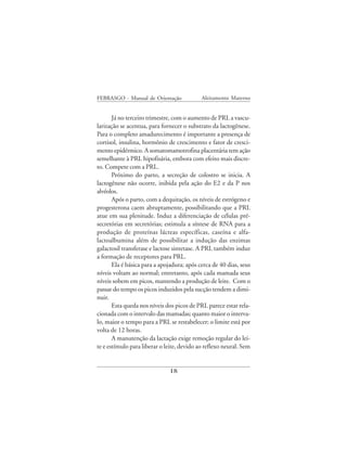 FEBRASGO - Manual de Orientação             Aleitamento Materno


       Já no terceiro trimestre, com o aumento de PRL a vascu-
larização se acentua, para fornecer o substrato da lactogênese.
Para o completo amadurecimento é importante a presença de
cortisol, insulina, hormônio de crescimento e fator de cresci-
mento epidérmico. A somatomamotrofina placentária tem ação
semelhante à PRL hipofisária, embora com efeito mais discre-
to. Compete com a PRL.
       Próximo do parto, a secreção de colostro se inicia. A
lactogênese não ocorre, inibida pela ação do E2 e da P nos
alvéolos.
       Após o parto, com a dequitação, os níveis de estrógeno e
progesterona caem abruptamente, possibilitando que a PRL
atue em sua plenitude. Induz a diferenciação de células pré-
secretórias em secretórias; estimula a síntese de RNA para a
produção de proteínas lácteas específicas, caseína e alfa-
lactoalbumina além de possibilitar a indução das enzimas
galactosil transferase e lactose sintetase. A PRL também induz
a formação de receptores para PRL.
       Ela é básica para a apojadura; após cerca de 40 dias, seus
níveis voltam ao normal; entretanto, após cada mamada seus
níveis sobem em picos, mantendo a produção de leite. Com o
passar do tempo os picos induzidos pela sucção tendem a dimi-
nuir.
       Esta queda nos níveis dos picos de PRL parece estar rela-
cionada com o intervalo das mamadas; quanto maior o interva-
lo, maior o tempo para a PRL se restabelecer; o limite está por
volta de 12 horas.
       A manutenção da lactação exige remoção regular do lei-
te e estímulo para liberar o leite, devido ao reflexo neural. Sem


                              18
 
