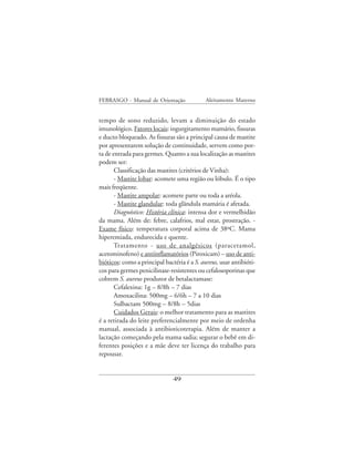 FEBRASGO - Manual de Orientação              Aleitamento Materno


tempo de sono reduzido, levam a diminuição do estado
imunológico. Fatores locais: ingurgitamento mamário, fissuras
e ducto bloqueado. As fissuras são a principal causa de mastite
por apresentarem solução de continuidade, servem como por-
ta de entrada para germes. Quanto a sua localização as mastites
podem ser:
       Classificação das mastites (critérios de Vinha):
       - Mastite lobar: acomete uma região ou lóbulo. É o tipo
mais freqüente.
       - Mastite ampolar: acomete parte ou toda a aréola.
       - Mastite glandular: toda glândula mamária é afetada.
       Diagnóstico: História clínica: intensa dor e vermelhidão
da mama. Além de: febre, calafrios, mal estar, prostração. -
Exame físico: temperatura corporal acima de 38ºC. Mama
hiperemiada, endurecida e quente.
       Tratamento - uso de analgésicos (paracetamol,
acetominofeno) e antiinflamatórios (Piroxicam) – uso de anti-
bióticos: como a principal bactéria é a S. aureus, usar antibióti-
cos para germes penicilinase-resistentes ou cefalosoporinas que
cobrem S. aureus produtor de betalactamase:
       Cefalexina: 1g – 8/8h – 7 dias
       Amoxacilina: 500mg – 6/6h – 7 a 10 dias
       Sulbactam 500mg – 8/8h – 5dias
       Cuidados Gerais: o melhor tratamento para as mastites
é a retirada do leite preferencialmente por meio de ordenha
manual, associada à antibioticoterapia. Além de manter a
lactação começando pela mama sadia; segurar o bebê em di-
ferentes posições e a mãe deve ter licença do trabalho para
repousar.


                               49
 