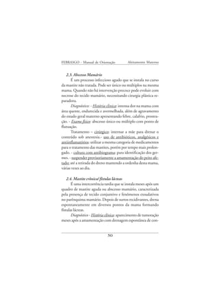 FEBRASGO - Manual de Orientação            Aleitamento Materno


   2.3. Abscesso Mamário
      É um processo infeccioso agudo que se instala no curso
da mastite não tratada. Pode ser único ou múltiplos na mesma
mama. Quando não há intervenção precoce pode evoluir com
necrose do tecido mamário, necessitando cirurgia plástica re-
paradora.
      Diagnóstico: - História clinica: intensa dor na mama com
área quente, endurecida e avermelhada, além de agravamento
do estado geral materno apresentando febre, calafrio, prostra-
ção. - Exame físico: abscesso único ou múltiplo com ponto de
flutuação.
      Tratamento – cirúrgico: internar a mãe para drenar o
conteúdo sob anestesia.- uso de antibióticos, analgésicos e
antiinflamatórios: utilizar a mesma categoria de medicamentos
para o tratamento das mastites, porém por tempo mais prolon-
gado. - cultura com antibiograma: para identificação dos ger-
mes. - suspender provisoriamente a amamentação do peito afe-
tado: até a retirada do dreno mantendo a ordenha desta mama,
várias vezes ao dia.

    2.4. Mastite crônica/ fístulas lácteas
       É uma intercorrência tardia que se instala meses após um
quadro de mastite aguda ou abscesso mamário, caracterizada
pela presença de tecido conjuntivo e fenômenos exsudativos
no parênquima mamário. Depois de surtos recidivantes, drena
espontaneamente em diversos pontos da mama formando
fístulas lácteas.
       Diagnóstico - História clínica: aparecimento de tumoração
meses após a amamentação com drenagem espontânea de con-


                              50
 