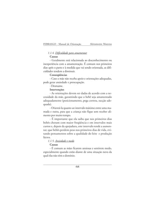 FEBRASGO - Manual de Orientação           Aleitamento Materno


     1.1.4. Dificuldade para amamentar
       Causas
       - Geralmente está relacionada ao desconhecimento ou
inexperiência com a amamentação. É comum nos primeiros
dias após o parto e à medida que vai sendo orientada, as difi-
culdades tendem a diminuir.
       Conseqüências
       - Caso a mãe não receba apoio e orientações adequadas,
pode gerar ansiedade e preocupação.
       - Desmame.
       Intervenções
       - As orientações devem ser dadas de acordo com a ne-
cessidade da mãe, garantindo que o bebê seja amamentado
adequadamente (posicionamento, pega correta, sucção ade-
quada).
       - Orientá-la quanto ao intervalo máximo entre uma ma-
mada e outra, para que a criança não fique sem receber ali-
mento por muito tempo.
       - É importante que ela saiba que nos primeiros dias
bebês choram com maior freqüência e em intervalos mais
curtos e, depois da apojadura, este intervalo tende a aumen-
tar; que bebês perdem peso nos primeiros dias de vida, evi-
tando pensamentos sobre a qualidade do leite e produção
láctea.
     1.1.5. Ansiedade e medo
       Causas
       - É comum as mães ficarem ansiosas e sentirem medo,
especialmente quando estão diante de uma situação nova da
qual elas não têm o domínio.


                             68
 