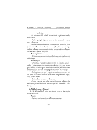 FEBRASGO - Manual de Orientação            Aleitamento Materno


                Referida
      - A mãe tem dificuldade para realizar expressão e orde-
nha do leite.
      - Refere que após algumas semanas não sente mais a mama
dura e dolorida.
      - Mantém intervalos muito curtos entre as mamadas, bem
como mamadas curtas, devido ao choro freqüente da criança,
ou intervalos curtos e mamadas muito longas, não percebendo
que a criança dorme no peito.
      Conseqüências
      - Desmame precoce pela introdução de outros alimentos
ou líquidos.
      Intervenções
      - Orientar a pega adequada e corrigir os aspectos relacio-
nados a intervalo e tempo de mamada. Deve-se orientar a mãe
para colocar a criança para mamar várias vezes, pelo menos 8 a
10 vezes ao dia, e deixá-la sugar por um tempo mais longo.
      - Esclarecer a mãe sobre os problemas decorrentes do uso
dos bicos artificiais (confusão de bicos) e complementos (água,
chás, outros leites).
      - Estimular o repouso e o descanso.
      - Oferecer apoio, incentivo, esclarecimentos, informações
relevantes pode tranqüilizar a mãe e ajudar a aumentar a con-
fiança.
  1.2. Relacionadas à Criança
   1.2.1. Dificuldade para apreensão correta da região
mamilo-areolar
     Causas
     - Recém-nascido posicionado longe da mãe.


                              70
 
