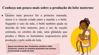 ● Quanto mais precoce for a primeira mamada,
maior é o vínculo criado entre a mamãe e o bebê.
Sugando o seio da mãe, o bebê também ajuda na
descida do leite materno, pois o ato da sucção
estimula, no cérebro da mãe, uma glândula que
produz e libera os hormônios responsáveis pela
produção e pela saída do leite.
Conheça um pouco mais sobre a produção do leite materno:
Esses hormônios são: Prolactina: produz o leite;
Ocitocina: contrai os alvéolos presentes nas mamas,
promovendo a saída do leite.
 