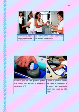 124




    A enfermeira Josefina Ela costuma entrar na casa e conversar
    chega para a coleta.   uns minutos com Giovana.




Guarda o pote em uma geladeira portátil, Coloca a geladeira dentro
que precisa ser mantida à temperatura do carro e prossegue o
máxima de 10ºC.                           itinerário, que geralmente
                                          inclui mais duas ou três
                                          visitas.
 