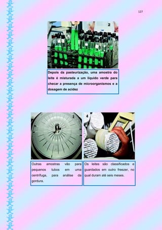 127




              Depois da pasteurização, uma amostra do
              leite é misturada a um líquido verde para
              checar a presença de microorganismos e a
              dosagem de acidez




Outras     amostras      vão      para Os leites são classificados e
pequenos        tubos    em       uma guardados em outro freezer, no
centrífuga,     para    análise    da qual duram até seis meses.
gordura.
 