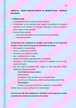 137


ANEXO VII – NOSSO PEQUENO MANUAL DE AMAMENTAÇÃO – DOENÇAS
MATERNAS


1. TUBERCULOSE
   O bacilo de Koch não é excretado pelo leite materno;
   A transmissão se faz usualmente pela inalação de gotículas de vias aéreas
    superiores de um indivíduo com infecção tuberculosa. A porta de entrada é
    quase sempre o trato respiratório;
   Formas clínicas maternas:
    o   Tuberculose extra-pulmonar: não contra-indica a amamentação
    o   Tuberculose pulmonar:


Conduta para mãe contagiante ou bacilífera (não tratada ou com tratamento
iniciado a menos de três semanas do nascimento da criança):
   Não suspender a amamentação;
   diminuir o contato íntimo mãe-filho;
   amamentar com máscara ou similar ;
   lavar, cuidadosamente, as mãos;
   rastrear comunicantes, especificamente os domiciliares;
   administrar, ao RN hidrazida (INH) na dose de 10 mg/kg/dia uma vez ao dia,
    durante três meses;
   após três meses de hidrazida (INH), realizar um teste tuberculínico (PPD),
    adotando as seguintes condutas:
        o   Teste Positivo (criança reatora):
            rastrear doença;
            se necessário tratar de acordo com as normas do M.S;
            se não houver infecção ativa, manter a quimioprofilaxia até o 6º mês.
        o   Teste Negativo:
            Proceder a vacinação com BCG-ID e suspender a hidrazia (INH).
Durante todas as etapas continuar com a amamentação.


Conduta para mãe não-contagiante ou abacilífera: (com tratamento iniciado
a mais de três semanas do nascimento da criança):
 