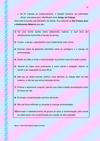 16


     Se for indicado ao credenciamento, o hospital receberá, em solenidade
         oficial, uma placa que o identificará como Amigo da Criança.
Após esta indicação pelo Ministério da Saúde, fica instituído os Dez Passos para
o Aleitamento Materno que são:


1) Ter uma norma escrita sobre aleitamento materno, a qual deve ser
    rotineiramente transmitida à equipe de serviço;


2) Treinar a equipe, capacitando-a para implementar esta norma;


3) Informar todas as gestantes atendidas sobre as vantagens e o manejo da
    amamentação;


4) Ajudar as mães a iniciar a amamentação na primeira meia hora após o parto;


5) Mostrar às mães como amamentar e como manter a lactação, mesmo se
    vierem a ser separadas de seus filhos;


6) Não dar ao recém-nascido nenhum outro alimento ou bebida além do leite
    materno, a não ser que tenha indicação clínica;


7) Praticar o alojamento conjunto: permitir que mães e bebês permaneçam juntos
    24 horas por dia;


8) Encorajar a amamentação sob livre demanda;


9) Não dar bicos artificiais ou chupetas à crianças amamentadas;


10) Encorajar o estabelecimento de grupos de apoio à amamentação, para aonde
    as mães devem ser encaminhadas por ocasião da alta hospitalar.




Figura 2 - Placar dos Hospitais Amigos da Criança
 