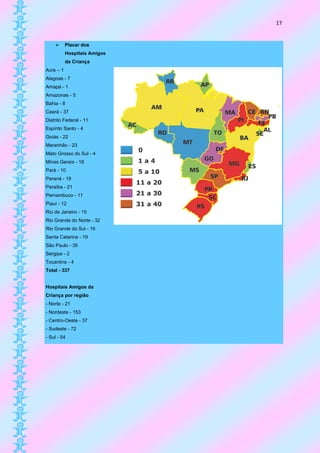 17


          Placar dos
           Hospitais Amigos
           da Criança
Acre – 1
Alagoas - 7
Amapá - 1
Amazonas - 5
Bahia - 8
Ceará - 37
Distrito Federal - 11
Espírito Santo - 4
Goiás - 22
Maranhão - 23
Mato Grosso do Sul - 4
Minas Gerais - 18
Pará - 10
Paraná - 19
Paraíba - 21
Pernambuco - 11
Piauí - 12
Rio de Janeiro - 15
Rio Grande do Norte - 32
Rio Grande do Sul - 16
Santa Catarina - 19
São Paulo - 35
Sergipe - 2
Tocantins - 4
Total - 337


Hospitais Amigos da
Criança por região
- Norte - 21
- Nordeste - 153
- Centro-Oeste - 37
- Sudeste - 72
- Sul - 54
 
