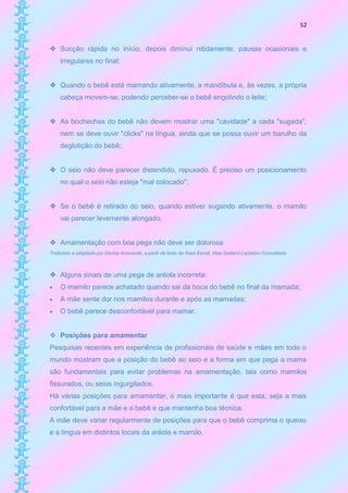 52


 Sucção rápida no início, depois diminui nitidamente, pausas ocasionais e
    irregulares no final;


 Quando o bebê está mamando ativamente, a mandíbula e, às vezes, a própria
    cabeça movem-se, podendo perceber-se o bebê engolindo o leite;


 As bochechas do bebê não devem mostrar uma "cavidade" a cada "sugada",
    nem se deve ouvir "clicks" na língua, ainda que se possa ouvir um barulho da
    deglutição do bebê;


 O seio não deve parecer distendido, repuxado. É preciso um posicionamento
    no qual o seio não esteja "mal colocado";


 Se o bebê é retirado do seio, quando estiver sugando ativamente, o mamilo
    vai parecer levemente alongado;


 Amamentação com boa pega não deve ser dolorosa
Traduzido e adaptado por Denise Arcoverde, a partir de texto de Ross Escott, New Zealand Lactation Consultants



 Alguns sinais de uma pega de aréola incorreta:
   O mamilo parece achatado quando sai da boca do bebê no final da mamada;
   A mãe sente dor nos mamilos durante e após as mamadas;
   O bebê parece desconfortável para mamar.


 Posições para amamentar
Pesquisas recentes em experiência de profissionais de saúde e mães em todo o
mundo mostram que a posição do bebê ao seio e a forma em que pega a mama
são fundamentais para evitar problemas na amamentação, tais como mamilos
fissurados, ou seios ingurgitados.
Há várias posições para amamentar, o mais importante é que esta, seja a mais
confortável para a mãe e o bebê e que mantenha boa técnica.
A mãe deve variar regularmente de posições para que o bebê comprima o queixo
e a língua em distintos locais da aréola e mamilo.
 