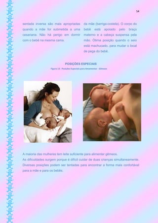54



sentada inversa são mais apropriadas              da mãe (barriga-costela). O corpo do
quando a mãe for submetida a uma                  bebê      está      apoiado   pelo   braço
cesariana. Não há perigo em dormir                materno e a cabeça suspensa pela
com o bebê na mesma cama.                         mão. Ótima posição quando o seio
                                                  está machucado, para mudar o local
                                                  de pega do bebê.


                                POSIÇÕES ESPECIAIS
                   Figura 13 - Posições Especiais para Amamentar - Gêmeos




A maioria das mulheres tem leite suficiente para alimentar gêmeos.
As dificuldades surgem porque é difícil cuidar de duas crianças simultaneamente.
Diversas posições podem ser tentadas para encontrar a forma mais confortável
para a mãe e para os bebês.
 