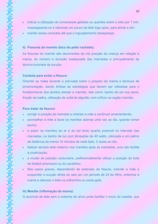 57


   indicar a utilização de compressas geladas ou quentes sobre o seio por 1 min.
    massageando-os e retirando um pouco de leite logo após, para aliviar a dor;
   manter essas condutas até que o ingurgitamento desapareça.



ii) Fissuras do mamilo (bico do peito rachado):
As fissuras do mamilo são decorrentes da má posição da criança em relação à
mama, do número e duração inadequada das mamadas e principalmente da
técnica incorreta de sucção.


Conduta para evitar a fissura:
Orientar as mães durante o pré-natal sobre o preparo da mama e técnicas de
amamentação, dando ênfase às estratégias que devem ser utilizadas para o
fortalecimento dos tecidos areolar e mamilar, tais como: banho de sol nos seios,
fricção de toalha, utilização de sutiã de algodão com orifício na região mamilar.


Para tratar da fissura:
   corrigir a posição da mamada e orientar a mãe a continuar amamentando;
   aconselhar à mãe a lavar os mamilos apenas uma vez ao dia, quando tomar
    banho;
   a expor os mamilos ao ar e ao sol tanto quanto possível no intervalo das
    mamadas, ou banho de luz com lâmpadas de 40 watts, colocada a um palmo
    de distância da mama 10 minutos de cada lado, 3 vezes ao dia;
   Aplicar sempre leite materno nos mamilos após as mamadas, pois isto facilita
    a cicatrização;
   a mudar de posição costumeira, preferencialmente utilizar a posição da bola
    de futebol americano ou do cavalinho;
   Nos casos graves, dependendo da extensão da fissura, orientar a mãe a
    suspender a sucção direta ao seio por um período de 24 às 48hs, ordenhar a
    mama e oferecer o leite na colherinha ou conta-gota.


iii) Mastite (inflamação da mama):
O acúmulo de leite sem a ordenha de alívio pode facilitar o início da mastite, que
 