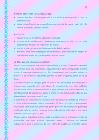 59


Conduta para evitar o ducto bloqueado:
   orientar às mães durante o pré-natal sobre as técnicas de posição e pega de
    amamentação;
   deixar o bebê sugar até o completo esvaziamento da mama, caso isto não
    ocorra, proceder a ordenha manual.


Para tratar:
   auxiliar a mãe a melhorar a posição de mamada;
   mostrar à mãe as diferentes posições para amamentar de tal modo que o leite
    seja retirado de todos os segmentos da mama;
   manter a criança mamando freqüentemente do lado afetado;
   ensinar à mãe como massagear delicadamente a parte afetada em direção ao
    mamilo para ajudar a esvaziar aquela parte da mama.


v) Hipogalactia (diminuição do leite):
Queixa comum durante a amamentação é afirmar que tem “pouco leite”, ou que o
leite é fraco. Isso está relacionado, freqüentemente, com a insegurança materna
quanto à sua capacidade de nutrir o filho, fazendo com que interprete o choro da
criança e as mamadas freqüentes (normal no bebê pequeno) como sinais de
fome.
A ansiedade que tal situação gera na mãe e na família pode ser transmitida à
criança, que responde com mais choro. O complemento com leites artificiais
muitas vezes alivia a tensão materna e essa tranqüilidade vai-se repercutir no
comportamento da criança, que passa a chorar menos, reforçando a idéia de que
ela realmente estava passando fome.
A suficiência de leite materno é avaliada através do ganho ponderal da criança e
o número de micções por dia (no mínimo 6 a 8). Se a produção do leite parecer
insuficiente para a criança, pelo baixo ganho ponderal na ausência de patologias
orgânicas, cabe ao médico conversar com a mãe e tentar determinar o que está a
interferir com a produção do leite.
Nesse caso, é importante orientar esta a complementar a mamada ao invés de
substituí-la pelo leite artificial, mantendo assim o estímulo da sucção,
indispensável para a produção do leite. Além da sucção dos mamilos, alguns
 