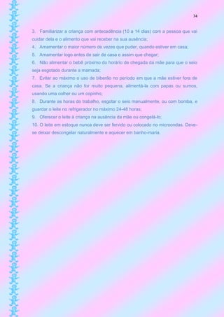 74


3. Familiarizar a criança com antecedência (10 a 14 dias) com a pessoa que vai
cuidar dela e o alimento que vai receber na sua ausência;
4. Amamentar o maior número de vezes que puder, quando estiver em casa;
5. Amamentar logo antes de sair de casa e assim que chegar;
6. Não alimentar o bebê próximo do horário de chegada da mãe para que o seio
seja esgotado durante a mamada;
7. Evitar ao máximo o uso de biberão no período em que a mãe estiver fora de
casa. Se a criança não for muito pequena, alimentá-la com papas ou sumos,
usando uma colher ou um copinho;
8. Durante as horas do trabalho, esgotar o seio manualmente, ou com bomba, e
guardar o leite no refrigerador no máximo 24-48 horas;
9. Oferecer o leite à criança na ausência da mãe ou congelá-lo;
10. O leite em estoque nunca deve ser fervido ou colocado no microondas. Deve-
se deixar descongelar naturalmente e aquecer em banho-maria.
 