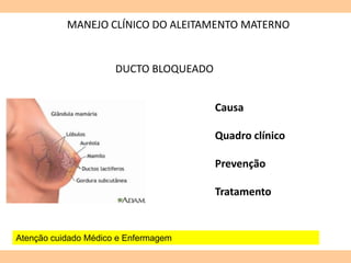 MANEJO CLÍNICO DO ALEITAMENTO MATERNO
DUCTO BLOQUEADO
Causa
Quadro clínico
Prevenção
Tratamento
Atenção cuidado Médico e Enfermagem
 