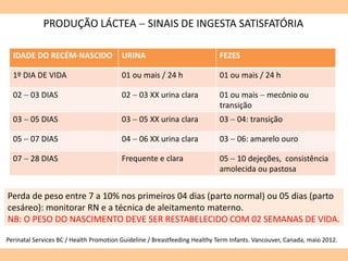 PRODUÇÃO LÁCTEA  SINAIS DE INGESTA SATISFATÓRIA
IDADE DO RECÉM-NASCIDO URINA FEZES
1º DIA DE VIDA 01 ou mais / 24 h 01 ou mais / 24 h
02  03 DIAS 02  03 XX urina clara 01 ou mais  mecônio ou
transição
03  05 DIAS 03  05 XX urina clara 03  04: transição
05  07 DIAS 04  06 XX urina clara 03  06: amarelo ouro
07  28 DIAS Frequente e clara 05  10 dejeções, consistência
amolecida ou pastosa
Perinatal Services BC / Health Promotion Guideline / Breastfeeding Healthy Term Infants. Vancouver, Canada, maio 2012.
Perda de peso entre 7 a 10% nos primeiros 04 dias (parto normal) ou 05 dias (parto
cesáreo): monitorar RN e a técnica de aleitamento materno.
NB: O PESO DO NASCIMENTO DEVE SER RESTABELECIDO COM 02 SEMANAS DE VIDA.
 