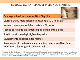 PRODUÇÃO LÁCTEA  SINAIS DE INGESTA SATISFATÓRIA
Ganho ponderal satisfatório: 20  30 g/dia
Diurese: 06 ou mais episódios em 24 horas / Urina clara
Número de mamadas: 08 ou mais em 24 horas
Técnica correta de aleitamento: posicionamento e pega
Sucção nutritiva e deglutição adequados
Esvaziamento adequado das mamas
Recém-Nascido ou lactente alerta, ativo, parece saudável, bom
tônus muscular, turgor da pele normal
Fundo das Nações Unidas para a Infância. Iniciativa Hospital Amigo da Criança : módulo 3 : promovendo e incentivando
a amamentação em um Hospital Amigo da Criança/ Fundo das Nações Unidas para a Infância. Organização Mundial da
Saúde. – Brasília : Editora do Ministério da Saúde, 2009.
 