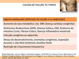 CAUSAS DE FAILURE TO THRIVE
Ingesta inadequada (disfunção da sucção e ou deglutição)
Aumento da taxa metabólica: (ex. DBP, doença cardíaca congênita)
Síndromes disabsortivas (AIDS, Doença Celíaca, EIM, Síndrome do
Intestino Curto, Fibrose Cística, Doença Inflamatória Intestinal)
Infecção congênita ou adquirida
Atraso do desenvolvimento, anomalias congênitas, exposição
durante a vida fetal (síndrome alcoólica fetal)
Restrição de Crescimento Intrauterino
Robert Markowitz, John B. Watkins, Christopher Duggan. CHAPTER 43 / Failure to Thrive: Malnutrition in the
Pediatric Outpatient Setting. With permission from Duggan C, et al. Nutrition in Pediatrics. 4th ed. Hamilton,
Ontario, Canada: BC Decker Inc; 2008 .
 