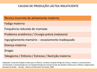 CAUSAS DE PRODUÇÃO LÁCTEA INSUFICIENTE
Técnica incorreta de aleitamento materno
Fadiga materna
Frequência reduzida de mamada
Problema anatômico / Cirurgia prévia (redutora)
Ingurgitamento mamário  esvaziamento inadequado
Doença materna
Drogas
Tabagismo / Etilismo / Estresse / Nutrição materna
Adaptado: Fundo das Nações Unidas para a Infância. Iniciativa Hospital Amigo da Criança: módulo 3: promovendo e
incentivando a amamentação em um Hospital Amigo da Criança/ Fundo das Nações Unidas para a Infância. Organização
Mundial da Saúde. – Brasília : Editora do Ministério da Saúde, 2009.
 