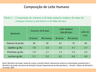 Composição de Leite Humano
Brasil. Ministério da Saúde. Saúde da criança: nutrição infantil: aleitamento materno e alimentação complementar /
Ministério da Saúde, Secretaria de Atenção à Saúde, Departamento de Atenção Básica. – Brasília : Editora do Ministério
da Saúde, 2009.
 