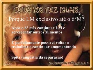 Porque LM exclusivo até o 6°M?
 Após o 6° mês continuar LM e
 acrescentar outros alimentos

 É perfeitamente possível voltar a
 trabalhar e continuar amamentando

 Spitz (angústia da separação)
 