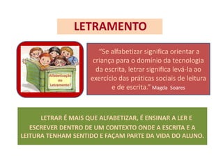 LETRAR É MAIS QUE ALFABETIZAR, É ENSINAR A LER E
ESCREVER DENTRO DE UM CONTEXTO ONDE A ESCRITA E A
LEITURA TENHAM SENTIDO E FAÇAM PARTE DA VIDA DO ALUNO.
LETRAMENTO
“Se alfabetizar significa orientar a
criança para o domínio da tecnologia
da escrita, letrar significa levá-la ao
exercício das práticas sociais de leitura
e de escrita.” Magda Soares
 