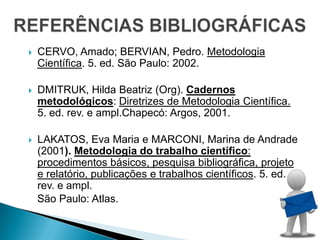    CERVO, Amado; BERVIAN, Pedro. Metodologia
    Científica. 5. ed. São Paulo: 2002.

   DMITRUK, Hilda Beatriz (Org). Cadernos
    metodológicos: Diretrizes de Metodologia Científica.
    5. ed. rev. e ampl.Chapecó: Argos, 2001.

   LAKATOS, Eva Maria e MARCONI, Marina de Andrade
    (2001). Metodologia do trabalho científico:
    procedimentos básicos, pesquisa bibliográfica, projeto
    e relatório, publicações e trabalhos científicos. 5. ed.
    rev. e ampl.
    São Paulo: Atlas.
 