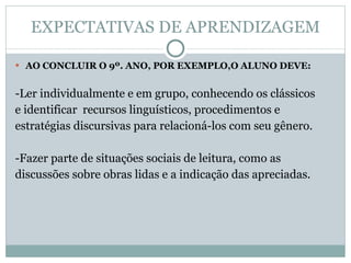 EXPECTATIVAS DE APRENDIZAGEM AO CONCLUIR O 9º. ANO, POR EXEMPLO,O ALUNO DEVE: -Ler individualmente e em grupo, conhecendo os clássicos  e identificar  recursos linguísticos, procedimentos e estratégias discursivas para relacioná-los com seu gênero.  -Fazer parte de situações sociais de leitura, como as discussões sobre obras lidas e a indicação das apreciadas.  