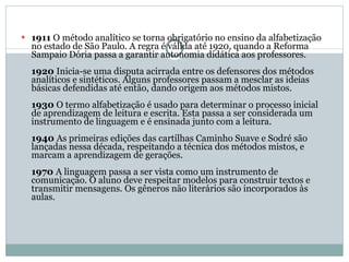 1911  O método analítico se torna obrigatório no ensino da alfabetização no estado de São Paulo. A regra é válida até 1920, quando a Reforma Sampaio Dória passa a garantir autonomia didática aos professores.  1920  Inicia-se uma disputa acirrada entre os defensores dos métodos analíticos e sintéticos. Alguns professores passam a mesclar as ideias básicas defendidas até então, dando origem aos métodos mistos.  1930  O termo alfabetização é usado para determinar o processo inicial de aprendizagem de leitura e escrita. Esta passa a ser considerada um instrumento de linguagem e é ensinada junto com a leitura.  1940  As primeiras edições das cartilhas Caminho Suave e Sodré são lançadas nessa década, respeitando a técnica dos métodos mistos, e marcam a aprendizagem de gerações.  1970  A linguagem passa a ser vista como um instrumento de comunicação. O aluno deve respeitar modelos para construir textos e transmitir mensagens. Os gêneros não literários são incorporados às aulas.  