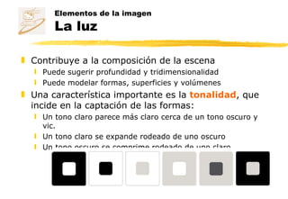 Elementos de la imagen La luz Contribuye a la composición de la escena Puede sugerir profundidad y tridimensionalidad Puede modelar formas, superficies y volúmenes Una característica importante es la  tonalidad , que incide en la captación de las formas: Un tono claro parece más claro cerca de un tono oscuro y vic. Un tono claro se expande rodeado de uno oscuro Un tono oscuro se comprime rodeado de uno claro 