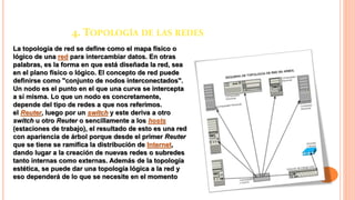 4. TOPOLOGÍA DE LAS REDES
La topología de red se define como el mapa físico o
lógico de una red para intercambiar datos. En otras
palabras, es la forma en que está diseñada la red, sea
en el plano físico o lógico. El concepto de red puede
definirse como "conjunto de nodos interconectados".
Un nodo es el punto en el que una curva se intercepta
a sí misma. Lo que un nodo es concretamente,
depende del tipo de redes a que nos referimos.
el Reuter, luego por un switch y este deriva a otro
switch u otro Reuter o sencillamente a los hosts
(estaciones de trabajo), el resultado de esto es una red
con apariencia de árbol porque desde el primer Reuter
que se tiene se ramifica la distribución de Internet,
dando lugar a la creación de nuevas redes o subredes
tanto internas como externas. Además de la topología
estética, se puede dar una topología lógica a la red y
eso dependerá de lo que se necesite en el momento
 