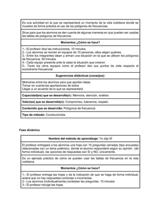 Es una actividad en la que se representará un momento de la vida cotidiana donde se
muestre de forma práctica el uso de los polígonos de frecuencias.
Sirve para que los alumnos se den cuenta de algunas maneras en que pueden ser usadas
las tablas de polígonos de frecuencia.
Momentos ¿Cómo se hace?
1.- El profesor dice las instrucciones. 10 minutos
2.- Los alumnos se reúnen en equipos de 10 personas, ellos eligen quiénes.
3.- Entre los integrantes idean y arman una situación en la que se utilicen los polígonos
de frecuencia. 50 minutos
4.- Cada equipo presenta ante la clase la situación que crearon
5.- Tanto los otros equipos como el profesor dan sus puntos de vista respecto al
sociodrama frecuencial.
Sugerencias didácticas (consejos):
Motivarse entre los alumnos para que aporten ideas.
Tomar en cuenta las aportaciones de todos
Llegar a un acuerdo de lo que se representará
Capacidad(es) que se desarrolla(n): Memoria, atención, análisis
Valor(es) que se desarrolla(n): Compromiso, tolerancia, respeto
Contenido que se desarrolla: Polígonos de frecuencia
Tipo de método: Constructivista
Fase dinámica
Nombre del método de aprendizaje: Yo dije SÍ
El profesor entregará a los alumnos una hoja con 15 preguntas cerradas (tipo encuesta)
relacionadas con un tema polémico, donde el alumno responderá según su opinión (de
forma individual), las opciones de respuestas son Sí y NO, únicamente.
Es un ejemplo práctico de cómo se pueden usar las tablas de frecuencia en la vida
cotidiana.
Momentos ¿Cómo se hace?
1.- El profesor entrega las hojas y da la indicación de que se haga de forma individual,
aclara que no hay respuestas correctas o incorrectas.
2.- Los alumnos (individualmente) contestan las preguntas. 15 minutos
3.- El profesor recoge las hojas
 